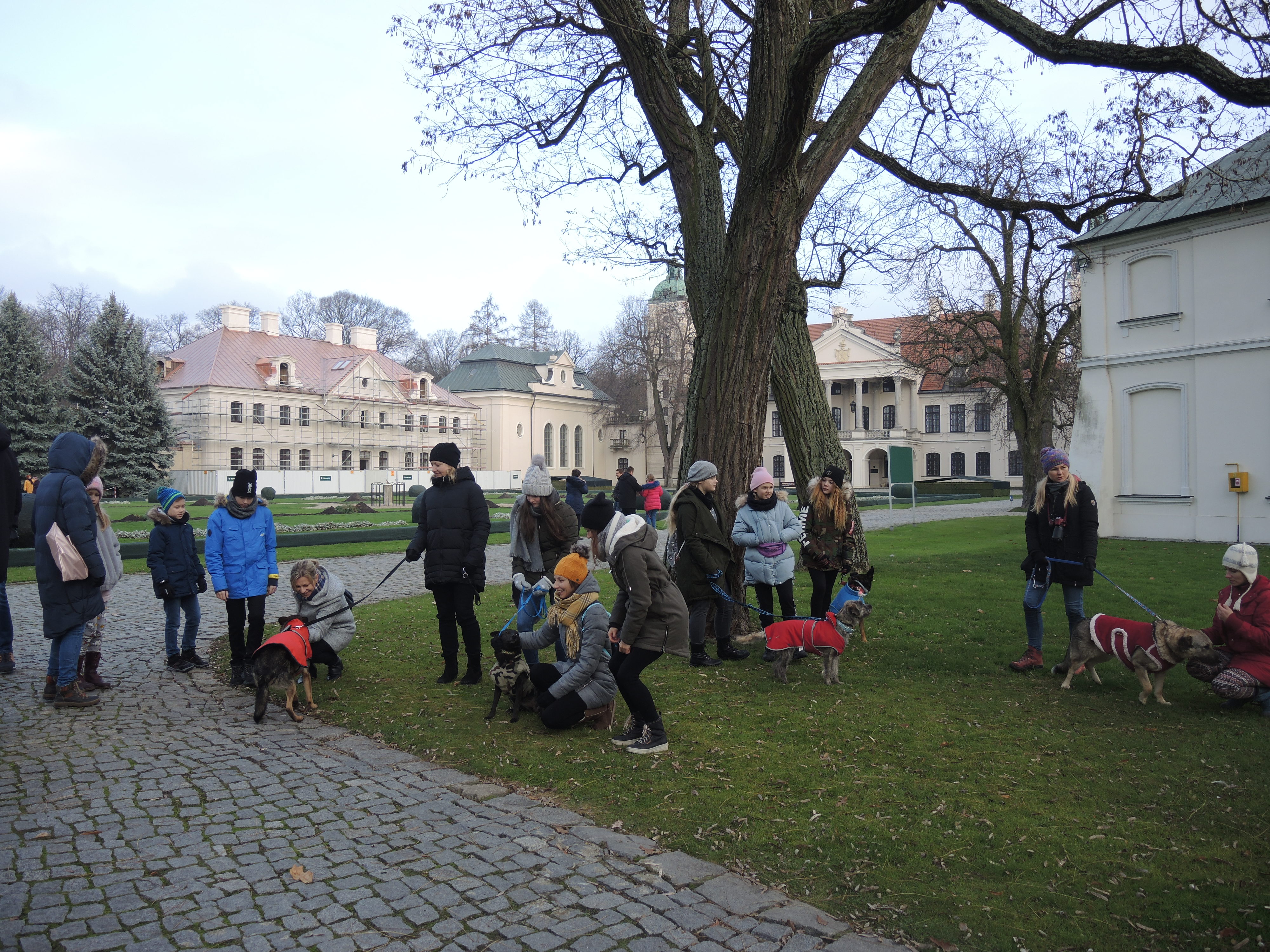 Karma wraca Fotografia. Grupa stojących ludzi w kolorowych ciepłych kurtkach i czapkach, pogrupowana po kilka osób. Niektóre osoby przykucnięte. Rozmawiają, śmieją się. Towarzyszą im cztery psy na smyczach ubrane w kolorowe kubraczki. W tle okazała dwukondygnacyjna rezydencja z portykiem i czerwonym dwuspadowym dachem oraz pobocznymi budynkami.