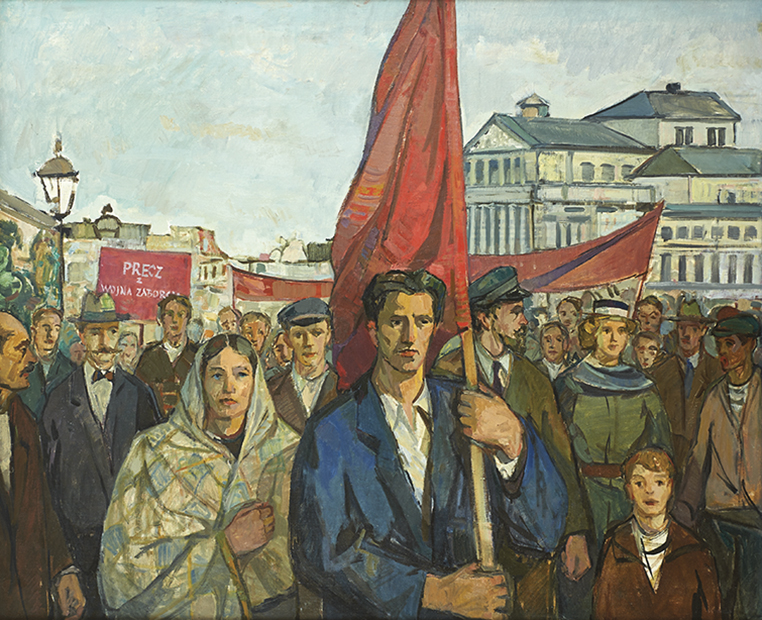 Demonstracja przeciw wojnie ze Związkiem Radzieckim, Franciszek Barącz, ok. 1955 r.; własność Muzeum Zamoyskich w Kozłówce Obraz. Technika: olej na płótnie. Demonstracja przeciw wojnie ze Związkiem Radzieckim. Franciszek Barącz, około 1955 roku. Na pierwszym planie kobieta w chuście okrywającej głowę i ramiona oraz mężczyzna trzymający drzewiec z czerwoną flagą, ujęci do pasa. W tle grupa ludzi trzymająca transparenty.