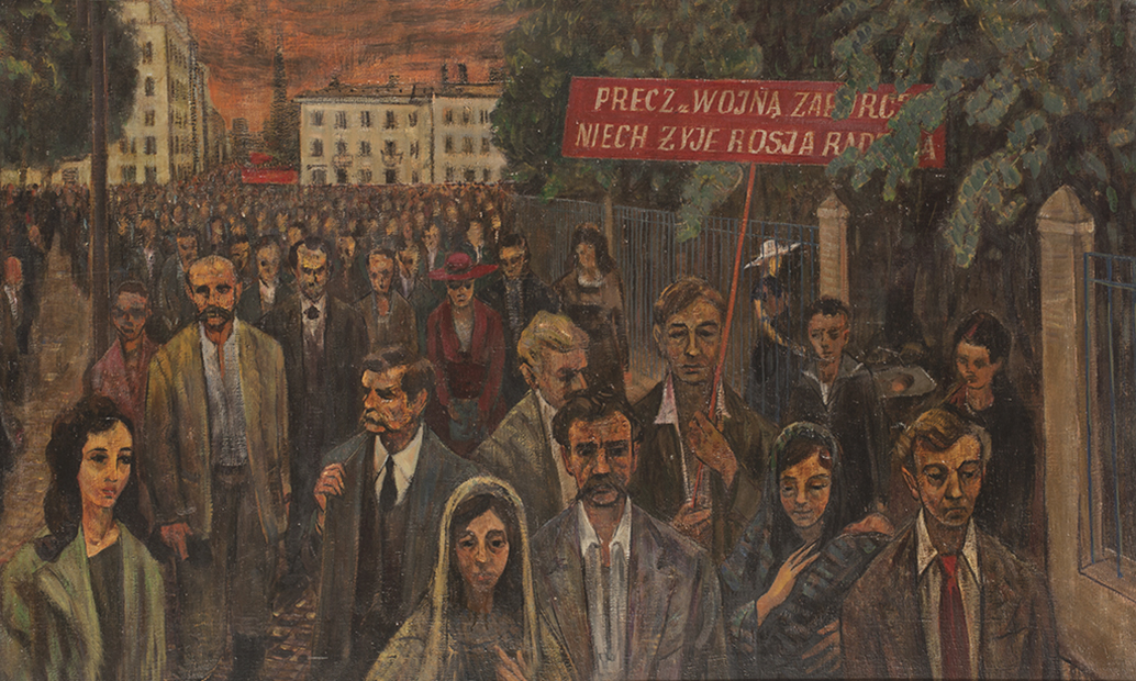 Demonstracja ludu Warszawy w 1921 r., Bogusław Szwacz, 1955 r.; własność Muzeum Zamoyskich w Kozłówce Obraz. Technika: olej na płótnie. Demonstracja ludu Warszawy w 1921 roku, Bogusław Szwacz, ok 1955 roku. Kobiety i mężczyźni maszerujący ulicą. Jeden z mężczyzn trzyma czerwony transparent z napisem: precz z wojną zaborczą. Niech żyje Rosja Radziecka.