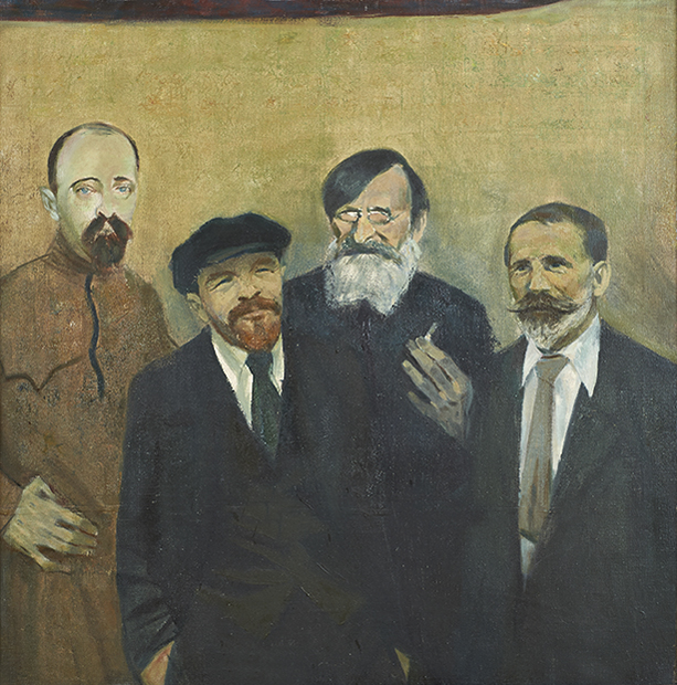 Lenin i członkowie Tymczasowego Polskiego Komitetu Rewolucyjnego (Polrewkom) w 1920 roku: Feliks Dzierżyński, Julian Marchlewski, Feliks Kon. Janusz Kaczmarski, ok. 1961 r.; własność Muzeum Zamoyskich w Kozłówce Obraz. Technika: olej na płótnie. Lenin i członkowie Tymczasowego Polskiego Komitetu Rewolucyjnego (Polrewkom) w 1920 roku, Janusz Kaczmarski, około 1961 roku. Od lewej: Feliks Dzierżyński – wysoki, łysawy mężczyzna w średnim wieku z bródka w szpic i wąsami, ubrany w zielonkawobrązowy mundur; Lenin – mężczyzna w średnim wieku, z rudymi wąsami i bródką w szpic ubrany w garnitur, białą koszulę i krawat, na głowie kaszkiet; Feliks Kon – starszy mężczyzna w małych okularach z ciemnymi włosami i siwą długą brodą, ubrany w ciemny strój, w lewej dłoni trzyma papierosa; Julian Marchlewski – starszy mężczyzna z wąsami i siwą brodą w szpic, ubrany w garnitur, białą koszulę i krawat.
