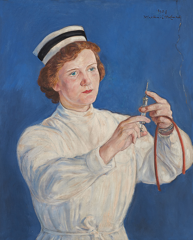 Wlastimil Hofman, „Pielęgniarka”, 1954 „Pielęgniarka”, Wlastimil Hofman, 1954, Polska. Wymiary: 72,5 cm x 60 cm. Materiał i technika: płyta pilśniowa, olej
Pielęgniarka (kobieta w średnim wieku) w ujęciu do pasa, zwrócona ¾ w prawo. Ubrana w biały fartuch przewiązany w pasie. Na głowie czepek z pojedynczym, poziomym czarnym paskiem. Spod czepka wystają krótkie, lekko kręcone jasnobrązowe włosy. W uniesionych nieco do góry dłoniach trzyma (sprawdza) strzykawkę. W lewej ręce dodatkowo trzyma gumową opaskę uciskową. Tło jednolite, neutralne, niebieskie.