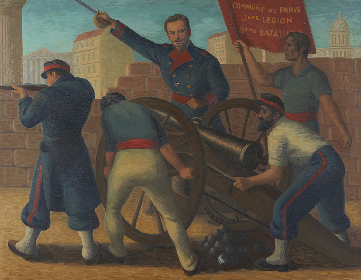 Jerzy Mierzejewski, „Dąbrowski na czele Komuny Paryskiej”, ok. 1950; olej, płótno, wymiary 159 x 205 cm; nr. inw. MPK/SW/1333 Jerzy Mierzejewski, „Dąbrowski na czele Komuny Paryskiej”, ok. 1950; olej, płótno, wymiary 159 x 205 cm; nr. inw. MPK/SW/1333