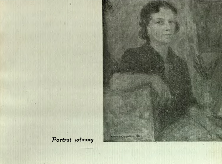 Halina Kowalska-Krysińska, „Portret własny”, https://bc.radom.pl/dlibra/show-content/publication/edition/1835?id=1835 Obraz Haliny Kowalskiej-Krysińskiej, zatytułowany Portret własny. Skan z dawnej publikacji przedstawia portret siedzącej kobiety o ciemnych, pofalowanych włosach, sięgających do szyi. Postać ujęta jest pozycji siedzącej, opierająca prawe przedramię na oparciu fotela.