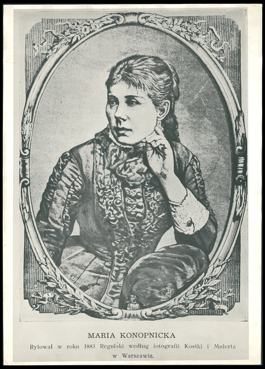 Portret Marii Konopnickiej, drzeworyt Aleksandra Regulskiego według rysunku Józefa Buchbindera (1883) / Polona.pl Portret Marii Konopnickiej, drzeworyt Aleksandra Regulskiego według rysunku Józefa Buchbindera z 1883roku. Na fotografii popiersie młodej kobiety w stylowej sukni, z twarzą odwróconą w prawą stronę. Lewą ręką podpiera swój podbródek.