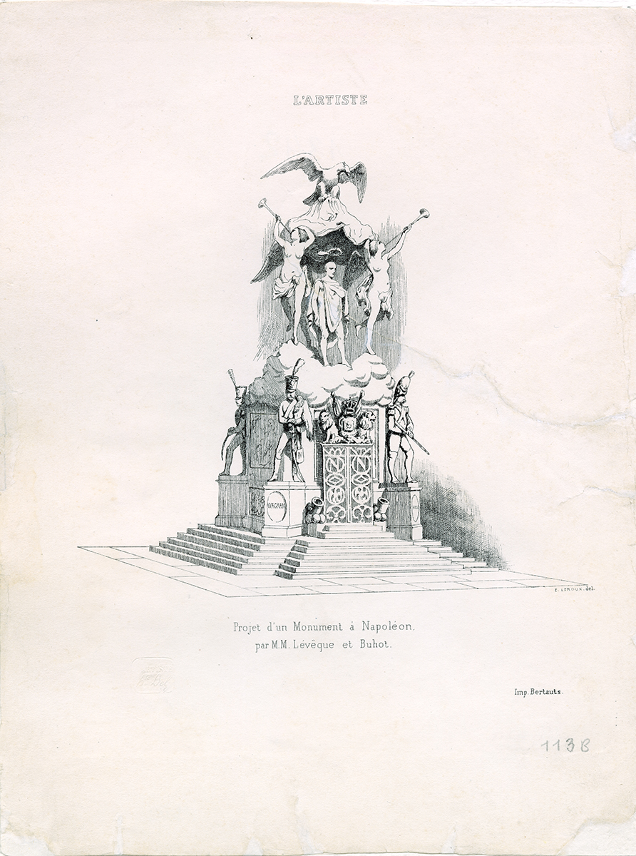 C. Leroux, „Projekt pomnika Napoleona autorstwa M.M. Lévêque’a i Buhota”, Francja, 1841, akwaforta; nr inw. MPK/MR/1005 Akwaforta C. Lerouxa, zatytułowana Projekt pomnika Napoleona autorstwa Lévêque’a i Buhota, Francja, z 1841 roku. Na podstawie czworoboczna budowla ze schodami, zdobiona dużymi rzeźbami żołnierzy umieszczonych w narożach na cokołach. Między dwiema figurami brama zwieńczona tarczą herbową pomiędzy dwoma lwami. Powyżej, w chmurze, rzeźba postaci mężczyzny w antycznym stroju, po obu jego stronach dwie półnagie postacie kobiece dmące w trąby. Nad grupą figuralna orzeł trzymający w szponach draperię na kształt baldachimu.
