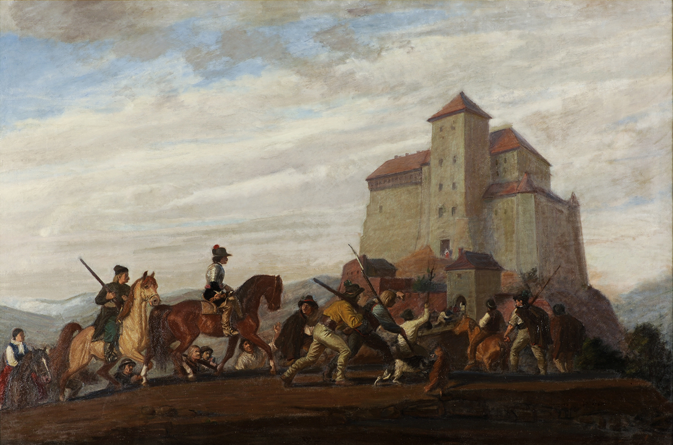 Władysław Gościmski, Zamek w Czorsztynie w dniu zajęcia przez Napierskiego, około 1951, olej, płótno, 131 x 196 cm; nr inw. MPK/SW/2384 Fotografia przedstawia obraz olejny na płótnie, autorstwa Władysława Gościmskiego, zatytułowany Zamek w Czorsztynie w dniu zajęcia przez Napierskiego, namalowany około 1951 roku. Na pierwszym planie, z dołu od lewej, pochód zbrojnej kolumny pieszych i konnych zmierzających w kierunku zamku na wzgórzu po prawej stronie. W centralnej części kolumny mężczyzna w stroju cudzoziemskim na gniadym koniu. Pozostałe osoby w strojach góralskich. W tle krajobraz górski i zachmurzone niebo.