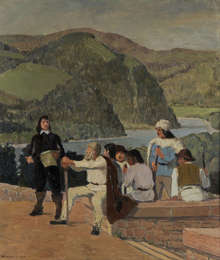 Józefa Wnukowa, Uniwersał Kostki Napierskiego, 1951, olej, płótno, 130 x 113 cm; nr inw. MPK/SW/416 Fotografia przedstawia obraz olejny na płótnie, autorstwa Józefy Wnukowej, zatytułowany Uniwersał Kostki Napierskiego, namalowany w 1951 roku. Z prawej na murku przy schodach prowadzących w dół sześciu górali siedzących i słuchających stojącego z lewej młodzieńca z kartą w lewej dłoni. Górale ubrani w białe koszule, płaszcze, serdaki, kożuchy, baranice i kapelusze; uzbrojeni w ciupagi i muszkiety. Młodzieniec ubrany w strój cudzoziemski z siedemnastego wieku, składający się z czarnego kaftana o rozciętych rękawach, na który wyłożony biały kołnierz z przepasanym przez pierś pasem, bufiastych spodni i rajtarskich butów z ostrogami. W tle z lewej fragment krajobrazu z widokiem na rzekę i porośnięte lasem góry.