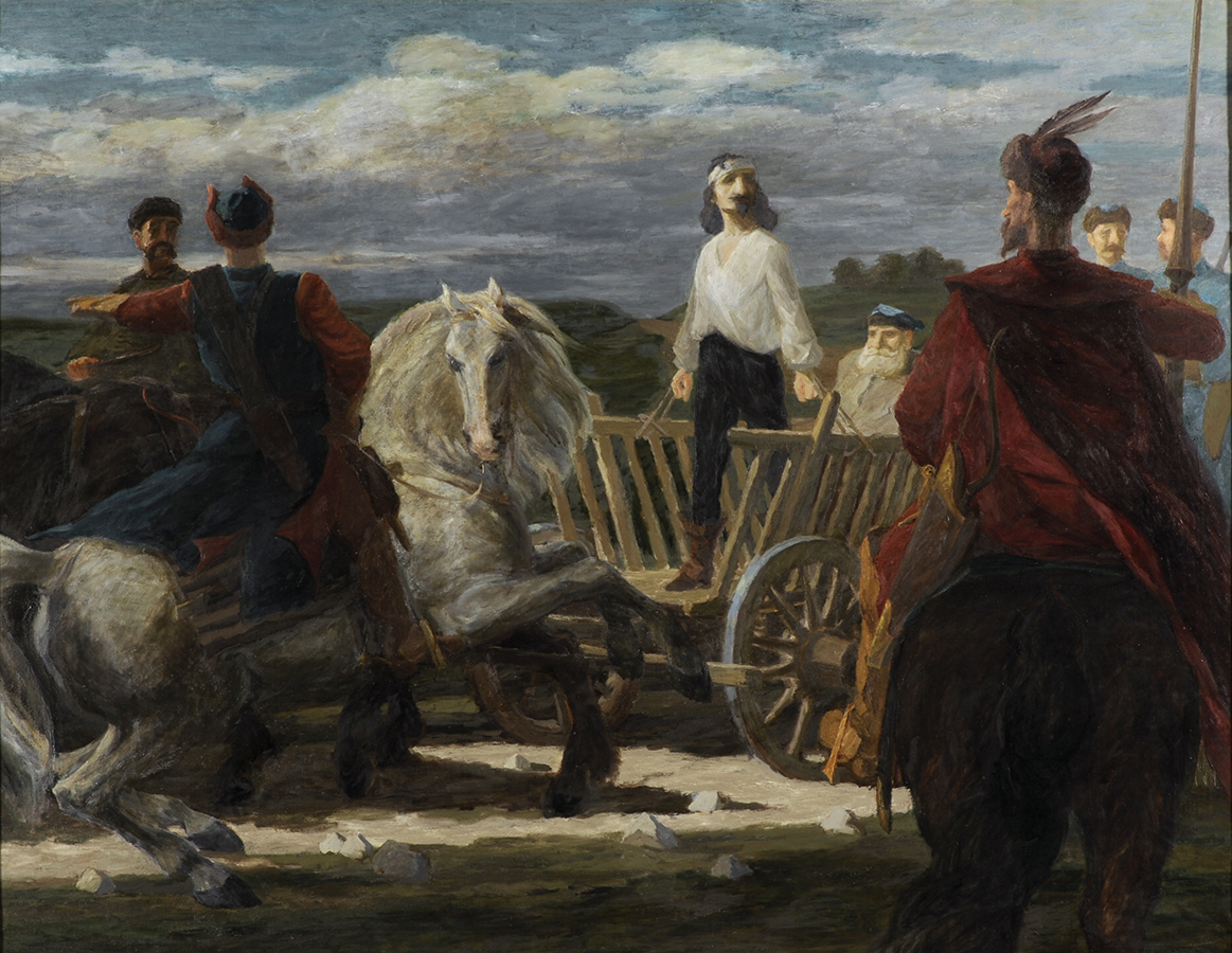Stanisław Michałowski, Scena sądu nad powstańcami (Kostka-Napierski), 1951, olej, płótno, 140 x 180 cm; nr inw. MPK/SW/2382 Fotografia przedstawia obraz olejny na płótnie, autorstwa Stanisława Michałowskiego, zatytułowany Scena sądu nad powstańcami, namalowany w 1951 roku. Na kamienistej drodze sześciu żołnierzy eskortuje przewożonego drabiniastym wozem młodego mężczyznę, z obandażowaną głową, w rozpiętej białej koszuli oraz rękami przywiązanymi do drabin pojazdu. W tle równinny krajobraz, nad którym zachmurzone niebo. Kolorystyka w tonacjach zieleni i błękitów, z akcentami mocnej bieli w centrum kompozycji oraz czerwonymi i niebieskimi ubiorami dragonów.