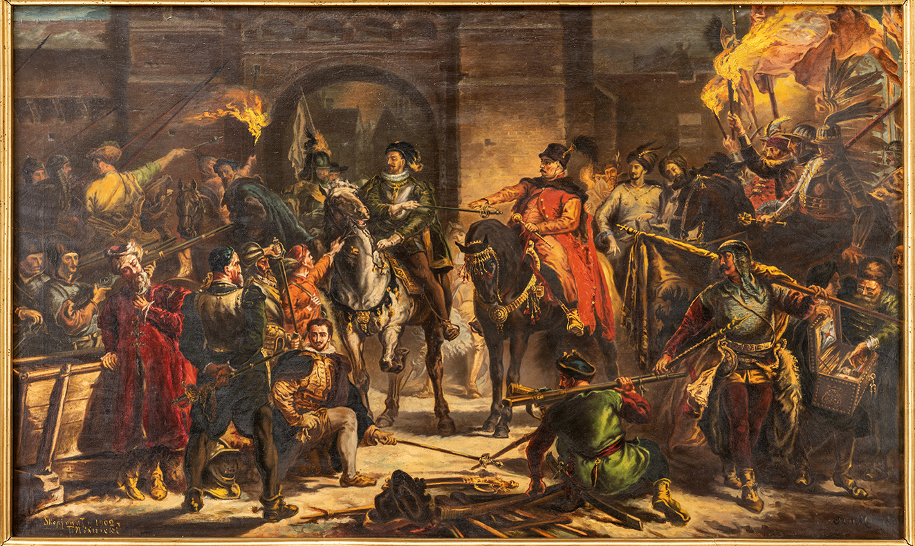 Tomasz Wiśnicki, „Jan Zamoyski pod Byczyną”, kopia według dzieła Jana Matejki; Polska, 1902, 140 x 90 cm; płótno, olej; zbiory Muzeum Zamoyskich w Kozłówce, nr. inw. MPK/MR/1764 Dzieło przedstawia scenę pojmania do niewoli arcyksięcia Maksymiliana Habsburga przez Jana Zamoyskiego podczas bitwy pod Byczyną, która miała miejsce w 1588 roku. Do walki stanęli wówczas zwolennicy kandydatów do tronu polskiego: Maksymiliana Habsburga i Zygmunta Wazy. Obraz ma kształt poziomego prostokąta. Jest kompozycją wielofiguralną z podziałem postaci na dwie grupy, z lewej i prawej strony. W centrum dwaj siedzący na koniach mężczyźni – ten z lewej, arcyksiążę, wręcza Janowi Zamoyskiemu (z prawej) miecz jako znak poddania się. Z lewej strony obrazu grupa postaci w różnych pozach i strojach, z wyciągniętymi lancami i muszkietami. Ich twarze wyrażają smutek, gniew, rozczarowanie i zdumienie klęską. Są to zwolennicy Habsburga. Prawą stronę zapełniają zwolennicy Zygmunta Wazy. Siedzą na koniach, są triumfujący i radośni. W prawym górnym rogu postacie rycerzy w zbrojach husarii. Trzymają płonące pochodnie. Poniżej rycerz niosący zdobytą chorągiew, obok niego mężczyzna w stroju szlachcica zaglądający do skrzyni z dokumentami. U dołu postać siedzącego tyłem do widza mężczyzny patrzącego w stronę przeciwników. W tle mury miasta z bramą wjazdową. Na obrazie przeważają ciepłe barwy, dominują brązy, żółcie i czerwienie.