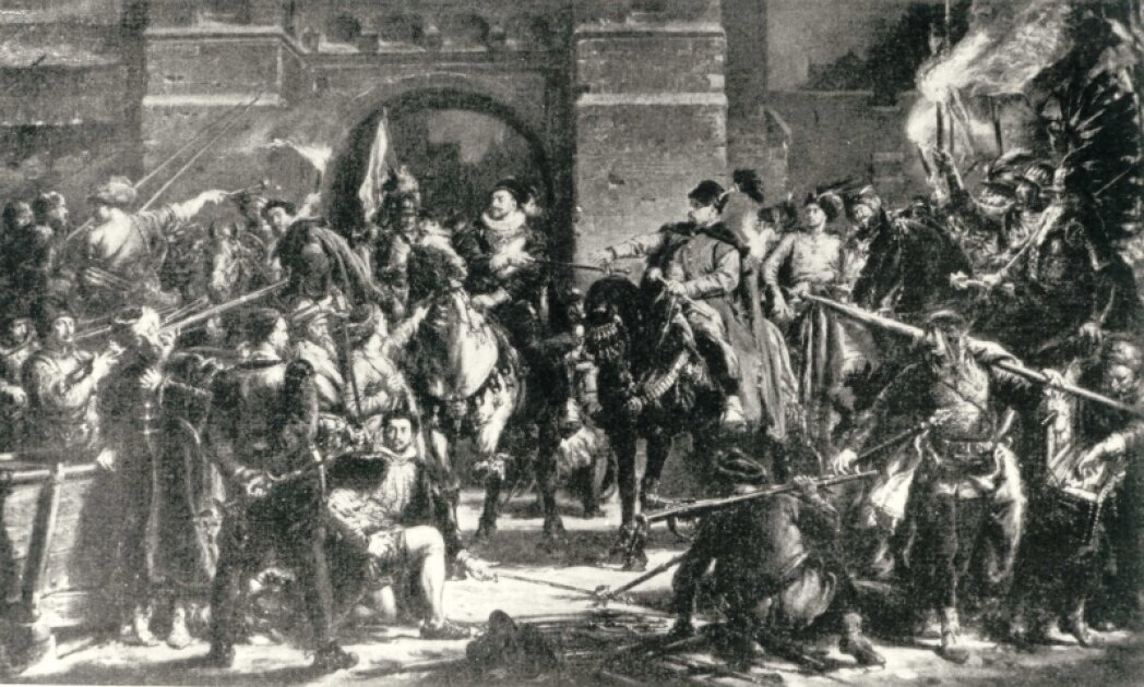 2. „Jan Zamoyski pod Byczyną”, Jan Matejko; Polska, 1882, 191 x 315 cm; płótno, olej Fotografia czarno-biała, przedstawiająca obraz „Jan Zamoyski pod Byczyną”. Dzieło przedstawia scenę pojmania do niewoli arcyksięcia Maksymiliana Habsburga przez Jana Zamoyskiego podczas bitwy pod Byczyną, która miała miejsce w 1588 roku. Do walki stanęli wówczas zwolennicy kandydatów do tronu polskiego: Maksymiliana Habsburga i Zygmunta Wazy. Obraz ma kształt poziomego prostokąta. Jest kompozycją wielofiguralną z podziałem postaci na dwie grupy, z lewej i prawej strony. W centrum dwaj siedzący na koniach mężczyźni – ten z lewej, arcyksiążę, wręcza Janowi Zamoyskiemu (z prawej) miecz jako znak poddania się. Z lewej strony obrazu grupa postaci w różnych pozach i strojach, z wyciągniętymi lancami i muszkietami. Ich twarze wyrażają smutek, gniew, rozczarowanie i zdumienie klęską. Są to zwolennicy Habsburga. Prawą stronę zapełniają zwolennicy Zygmunta Wazy. Siedzą na koniach, są triumfujący i radośni. W prawym górnym rogu postacie rycerzy w zbrojach husarii. Trzymają płonące pochodnie. Poniżej rycerz niosący zdobytą chorągiew, obok niego mężczyzna w stroju szlachcica zaglądający do skrzyni z dokumentami. U dołu postać siedzącego tyłem do widza mężczyzny patrzącego w stronę przeciwników. W tle mury miasta z bramą wjazdową.