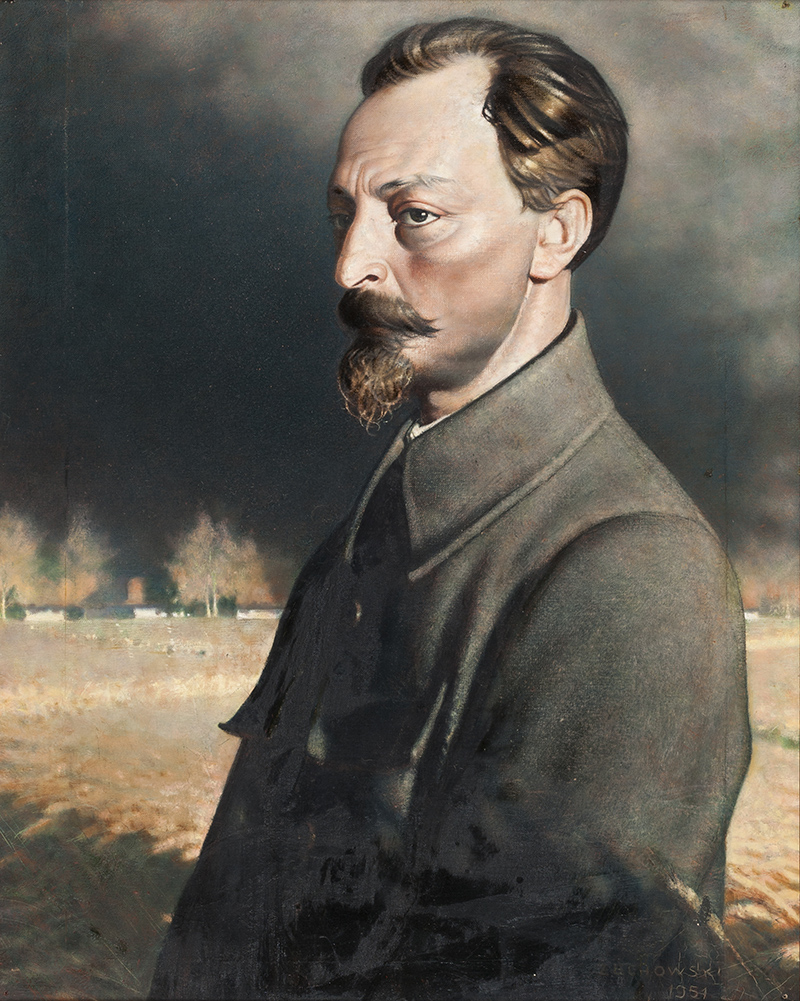 3. Stefan Żechowski, „Portret Feliksa Dzierżyńskiego”, 1951, olej, płótno, wymiary 100 x 80 cm; nr inw. MPK/SW/249 Obraz autorstwa Stefana Żechowskiego z 1951 roku, malowany farbami olejnymi na płótnie pod tytułem „Portret Feliksa Dzierżyńskiego”. Przedstawia mężczyznę w półpostaci, zwróconego en trois quarts w lewo, lewym profilem do światła o szczupłej twarzy, z szarozielonymi oczami, długim nosem z małym garbkiem oraz ustami częściowo zasłoniętymi przez wąsy i bródkę. Karnacja i rysy twarzy są podkreślone przez światłocień. Włosy brązowe, zaczesane do tyłu. Ubrany w szaro-brązowo-zielony szynel, nad którego kołnierzem widoczny rąbek białej koszuli. W głębi krajobraz szerokich pól, zamknięty rzędem chat, na przemian z pożółkłymi drzewami. Wyżej ciemne niebo w różnych odcieniach szarości i brązu z niewielkim dodatkiem błękitu.