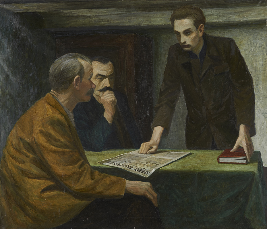 4. Stanisław Michałowski, „19-letni Dzierżyński w konspiracji. Wilno 1896 r.”, ok. 1951, olej, płótno, wymiary: 115 x 140 cm, nr inw. MPK/SW/519. Obraz autorstwa Stanisława Michałowskiego namalowany około 1951 roku farbami olejnymi na płótnie, pod tytułem „19-letni Dzierżyński w konspiracji. Wilno 1896 r.”. Przedstawia scenę w pomieszczeniu o niskim, belkowym, bielonym stropie: przy stole nakrytym zieloną materią, na którym leży egzemplarz "Sprawy robotniczej" siedzą z lewej dwaj starsi mężczyźni, a z prawej stoi oparty dłońmi o blat młody człowiek o pociągłej twarzy, zaczesanych do tyłu włosach i nikłym zaroście, trzymający w lewej dłoni książkę w czerwonej okładce.