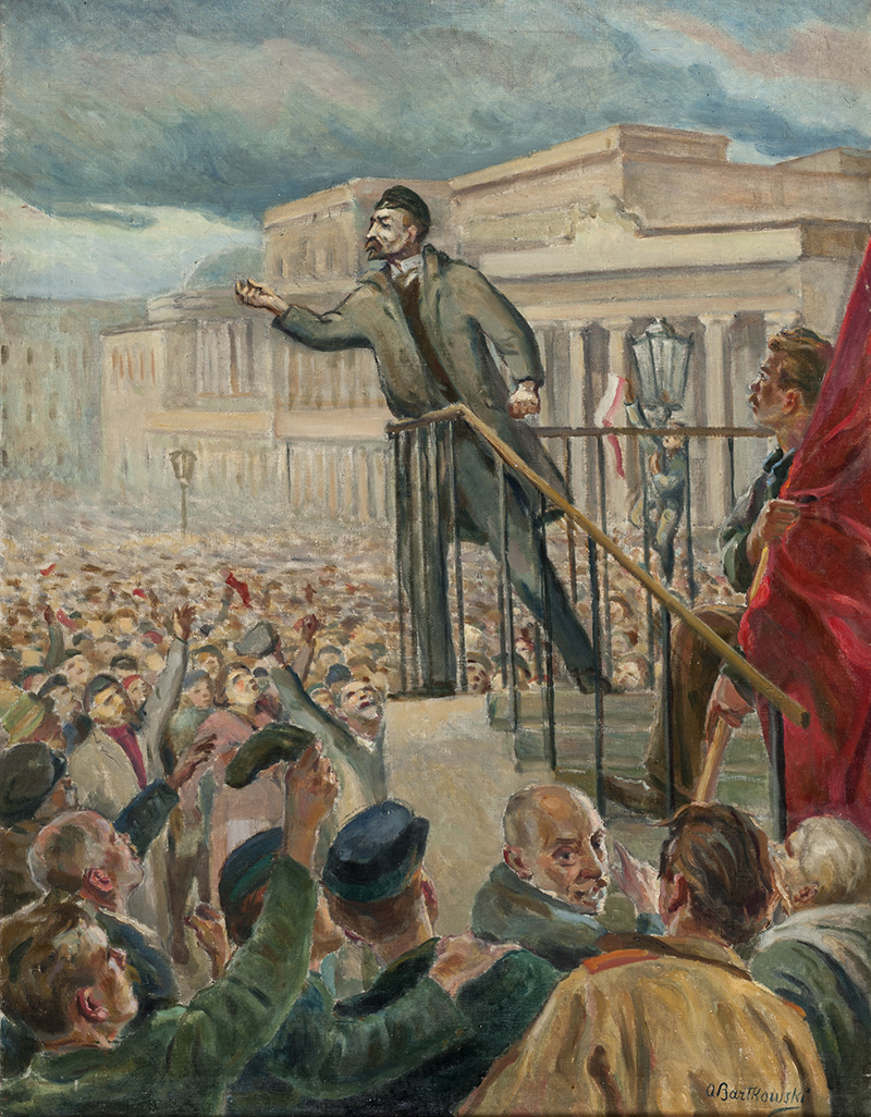 5. Antoni Bartkowski, „Dzierżyński przemawia na wiecu”, ok. 1951, olej, płótno, 115 x 87 cm, nr inw. MPK/SW/282 Obraz autorstwa Antoniego Bartkowskiego, namalowany około 1951 roku farbami olejnymi na płótnie, pod tytułem „Dzierżyński przemawia na wiecu”. Przedstawia scenę na wiecu na Placu Bankowym w Warszawie. W centrum kompozycji Feliks Dzierżyński, stojący na trybunie z prawą ręką wyciągniętą przed siebie; w czapce z daszkiem, brązowo-szarym płaszczu i brązowych spodniach. Od pierwszego planu w głąb tłum ludzi, machających czapkami, czerwonymi chustkami i wznoszących ręce. Na pierwszym planie po prawej wchodzi po schodach na trybunę mężczyzna z czerwonym sztandarem. Za nim w głębi chłopiec z biało-czerwoną chorągwią, wspinający się na latarnię. Na dalszym planie budynki pałaców Skarbowych, Banku Polskiego i hotelu "Saskiego". Nad nimi zachmurzone niebo.