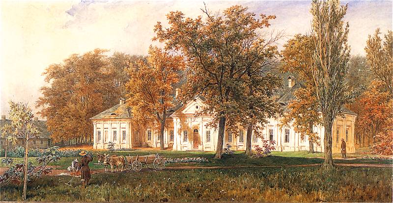 Juliusz Kossak, Pałac Czartoryskich w Sieniawie, 1873; akwarela; Zbiory Czartoryskich, źródło: Wikipedia Akwarela przedstawiająca rezydencję rodziny Czartoryskich w Sieniawie. Pośród drzew w jesiennej szacie przebłyskuje biel elewacji niskiego pałacu. Na pierwszym planie widać zapracowanego ogrodnika, przy nim wóz, do którego zaprzęgnięte są dwa osiołki. W głębi, przy budynku przechadzający się mężczyzna. Całość w kolorystyce zieleni, beżów, brązów i miodowej żółci.