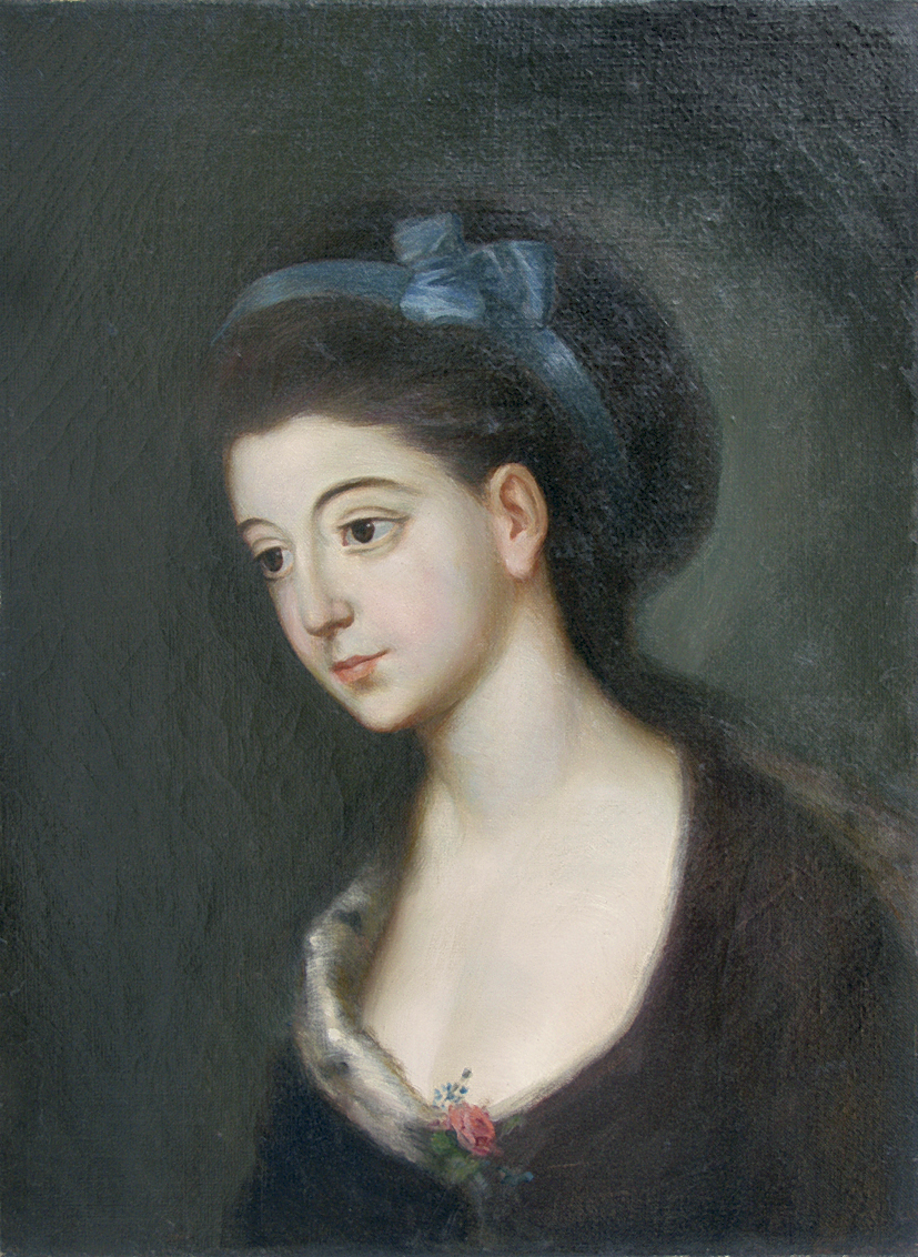 Portret zmarłej tragicznie córki księcia Adama Kazimierza Czartoryskiego, Teresy, swobodna kopia wg nieokreślonego malarza z końca XVIII wieku (ze zbiorów Czartoryskich), Polska, przełom XIX i XX wieku; płótno, olej; nr inw. MPK/MR/1114 Portret Teresy Czartoryskiej, tragicznie zmarłej córki Adama Kazimierza Czartoryskiego. Popiersie młodej dziewczyny przedstawione w lewo, a jej głowa jest lekko pochylona. Ciemne włosy upięte są wysoko i przepasane niebieską kokardą. Część włosów spływa luźno po karku. Dziewczyna ma smukłą twarz, delikatną o lekko zaróżowionych policzkach. Jej oczy są duże i ciemne. Ubrana jest w ciemnobrązową suknię, o głębokim, owalnym dekolcie ozdobionym gronostajem i bukiecikiem z róży. Tło portretu jest brunatne, rozjaśnione za postacią do szarooliwkowego.
