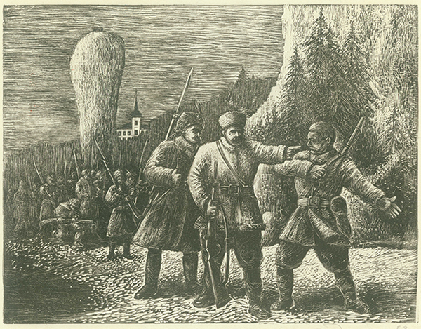 Marian Puchalski, Bitwa pod Pieskową Skałą, Warszawa, 1953 r. grafika, nr inw. MPK/SW/372, zbiory Muzeum Zamoyskich w Kozłówce Grafika ukazująca na pierwszym planie 3 mężczyzn. Stojący pośrodku, został przedstawiony w okrągłej czapce i półkożuszku, z karabinem w prawej ręce. Lewą ręką wskazuje w prawo. Mężczyzna po prawej, prawdopodobnie Marian Langiewicz, ukazany jest w kurtce, bez czapki, z karabinem na plecach i torbą u pasa, wykonuje zapraszający gest w tym samym kierunku. Po lewej żołnierz rosyjski, w wielkiej czapie i szynelu, uzbrojony w karabin z bagnetem. Za nim, w głębi, oddział tak samo ubranych i uzbrojonych żołnierzy. Na dalszym planie pionowe skały (po lewej widoczna "Maczuga Herkulesa"), góra porośnięta świerkowym lasem oraz fragment zamku z wieżą. Wyżej gęsto zakreskowane niebo.