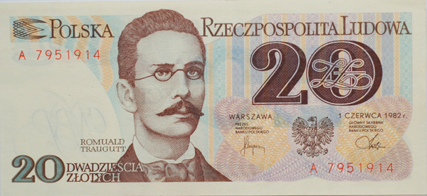 Państwowe Wytwórnia Papierów Wartościowych, Andrzej Heidrich (autor projektu), Jacek Kanior (ryt płyty), Banknot o nominale 20 złotych z wizerunkiem Romualda Traugutta, Warszawa, 1982r, druk, nr inw. MPK/SW/2231, zbiory Muzeum Zamoyskich w Kozłówce Awers banknotu o nominale 20 złotych z wizerunkiem Romualda Traugutta, dyktatora powstania styczniowego. Po lewej stronie, u dołu liczba "20" i napis "DWADZIEŚCIA / ZŁOTYCH"; u góry napis "POLSKA RZECZPOSPOLITA LUDOWA", pośrodku popiersie Romualda Traugutta podpisane z lewej strony. Traugutt ma pociągłą twarz, gładko zaczesane, krótkie włosy, długie wąsy opadające na kąciki ust. Ubrany jest w ciemny garnitur, widoczny jest biały kołnierzyk koszuli i wywiązany krawat. Po prawej stronie umieszczona jest duża liczba "20", w którą wkomponowane zostały litery: "ZŁ". Niżej "WARSZAWA 1 CZERWCA 1982", orzeł bez korony oraz podpisy prezesa NBP i głównego skarbnika. Druk kolorowy, w tonacjach odcieni brązu, zieleni i różu.