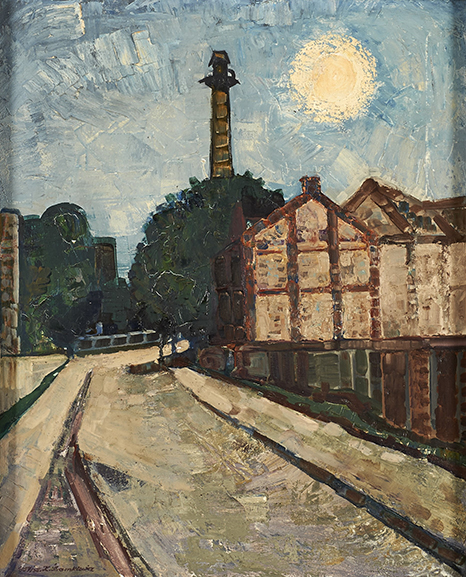 Kazimierz Śramkiewicz, Pejzaż ze słońcem, 1957-1958, , olej płótno Reprodukcja obrazu Kazimierza Śramkiewicza pt. Pejzaż ze słońcem, malowanego techniką olejną na płótnie. Przedstawia szaro-beżową ulicę biegnącą w głąb kompozycji, przez mostek w prawo. Wzdłuż ulicy po prawej brązowy ceglany mur, a za nim beżowo szare ściany domów z dwuspadowymi brązowymi dachami. Przy mostku po lewej i prawej korony ciemnozielonych drzew. Za nimi pośrodku wysoki beżowobrązowy komin. Niebo szaroniebieskie ze słońcem koloru żółcieni neapolitańskiej w prawym górnym narożniku.
